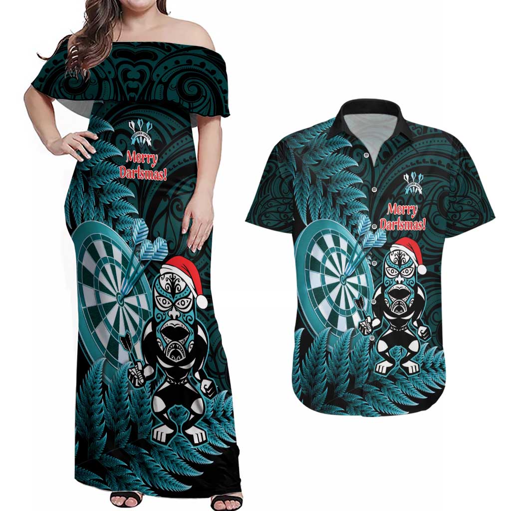 Personalised New Zealand Darts Christmas Couples Matching Off Shoulder Maxi Dress and Hawaiian Shirt Maori Fern Merry Dartsmas - Aussie Hoodie