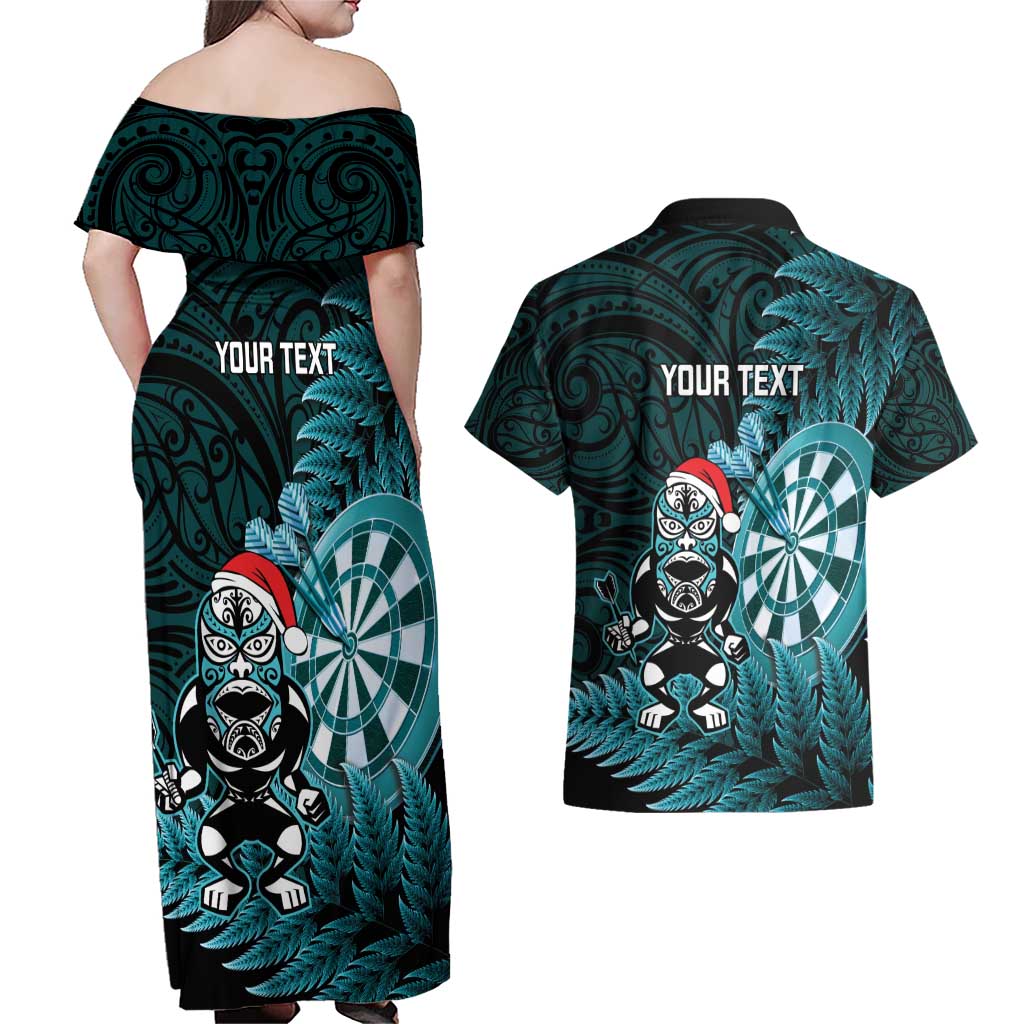 Personalised New Zealand Darts Christmas Couples Matching Off Shoulder Maxi Dress and Hawaiian Shirt Maori Fern Merry Dartsmas - Aussie Hoodie