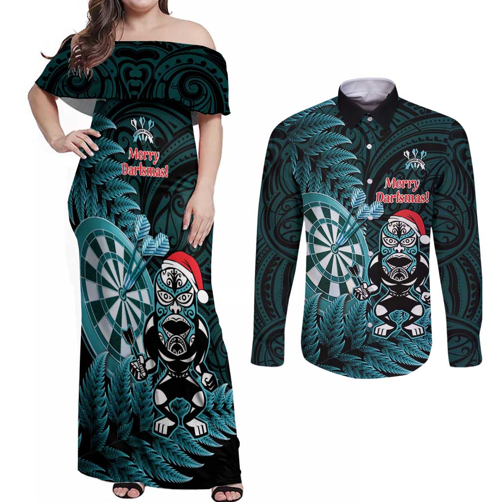 Personalised New Zealand Darts Christmas Couples Matching Off Shoulder Maxi Dress and Long Sleeve Button Shirt Maori Fern Merry Dartsmas - Aussie Hoodie