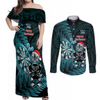 Personalised New Zealand Darts Christmas Couples Matching Off Shoulder Maxi Dress and Long Sleeve Button Shirt Maori Fern Merry Dartsmas - Aussie Hoodie