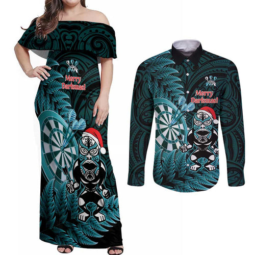 Personalised New Zealand Darts Christmas Couples Matching Off Shoulder Maxi Dress and Long Sleeve Button Shirt Maori Fern Merry Dartsmas - Aussie Hoodie