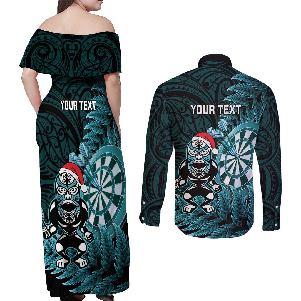 Personalised New Zealand Darts Christmas Couples Matching Off Shoulder Maxi Dress and Long Sleeve Button Shirt Maori Fern Merry Dartsmas - Aussie Hoodie