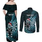 Personalised New Zealand Darts Christmas Couples Matching Off Shoulder Maxi Dress and Long Sleeve Button Shirt Maori Fern Merry Dartsmas - Aussie Hoodie