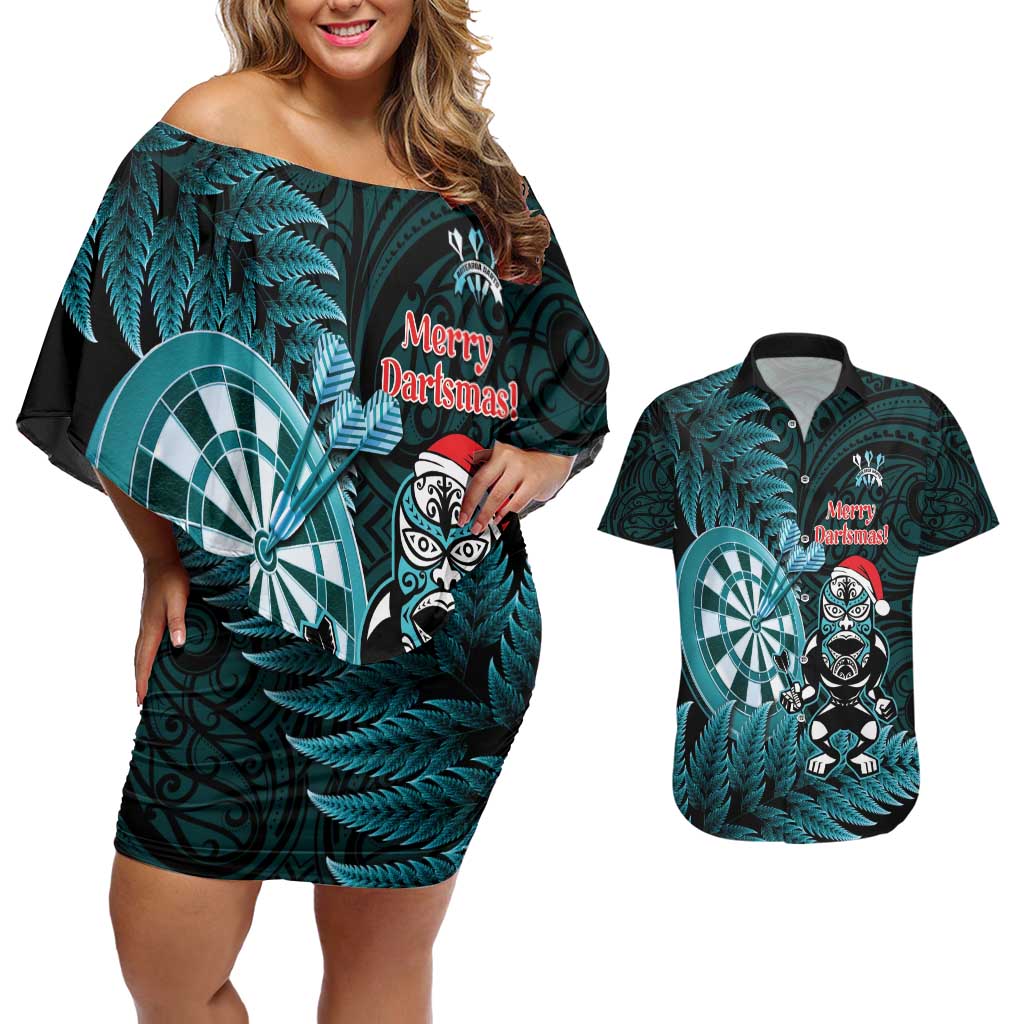 Personalised New Zealand Darts Christmas Couples Matching Off Shoulder Short Dress and Hawaiian Shirt Maori Fern Merry Dartsmas - Aussie Hoodie