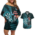 Personalised New Zealand Darts Christmas Couples Matching Off Shoulder Short Dress and Hawaiian Shirt Maori Fern Merry Dartsmas - Aussie Hoodie