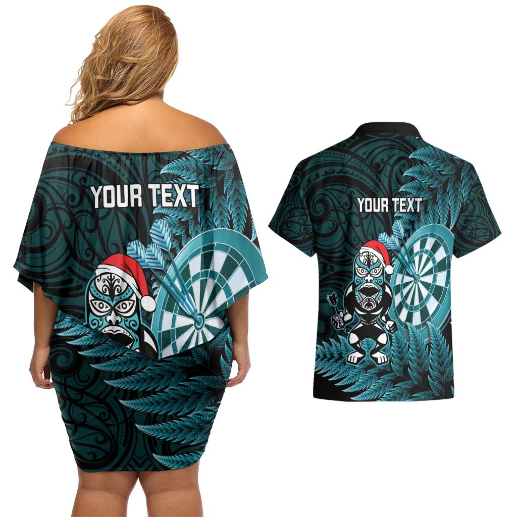 Personalised New Zealand Darts Christmas Couples Matching Off Shoulder Short Dress and Hawaiian Shirt Maori Fern Merry Dartsmas - Aussie Hoodie