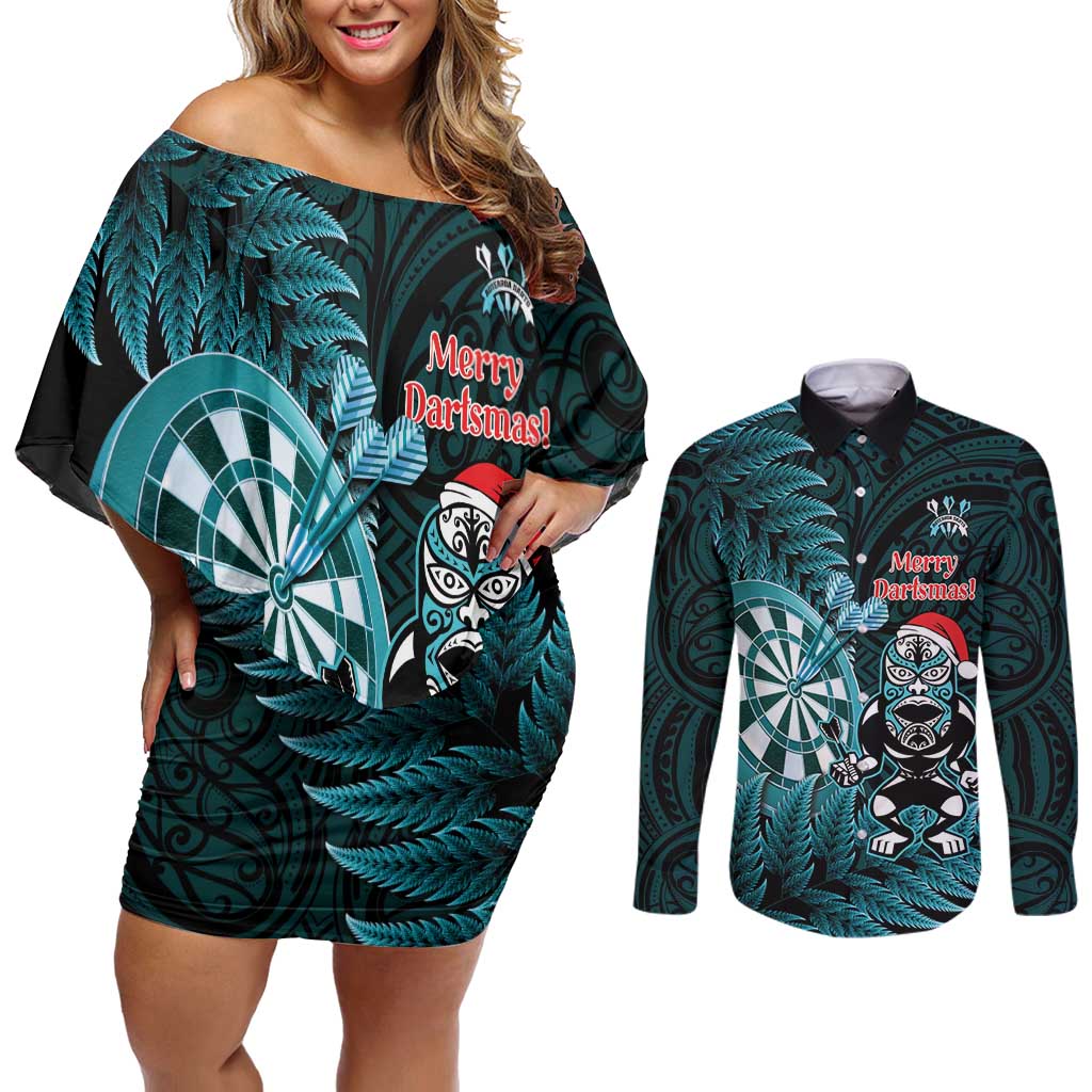Personalised New Zealand Darts Christmas Couples Matching Off Shoulder Short Dress and Long Sleeve Button Shirt Maori Fern Merry Dartsmas - Aussie Hoodie