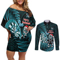 Personalised New Zealand Darts Christmas Couples Matching Off Shoulder Short Dress and Long Sleeve Button Shirt Maori Fern Merry Dartsmas - Aussie Hoodie