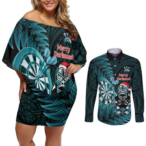 Personalised New Zealand Darts Christmas Couples Matching Off Shoulder Short Dress and Long Sleeve Button Shirt Maori Fern Merry Dartsmas - Aussie Hoodie