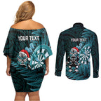 Personalised New Zealand Darts Christmas Couples Matching Off Shoulder Short Dress and Long Sleeve Button Shirt Maori Fern Merry Dartsmas - Aussie Hoodie