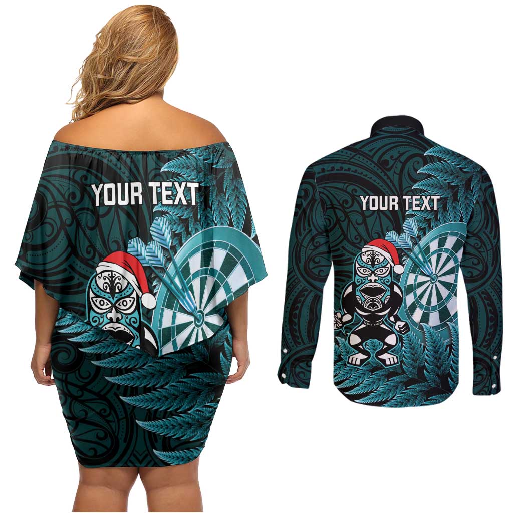 Personalised New Zealand Darts Christmas Couples Matching Off Shoulder Short Dress and Long Sleeve Button Shirt Maori Fern Merry Dartsmas - Aussie Hoodie