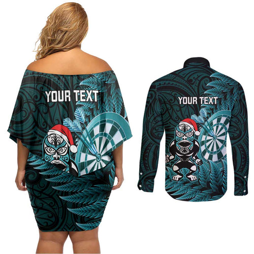 Personalised New Zealand Darts Christmas Couples Matching Off Shoulder Short Dress and Long Sleeve Button Shirt Maori Fern Merry Dartsmas - Aussie Hoodie