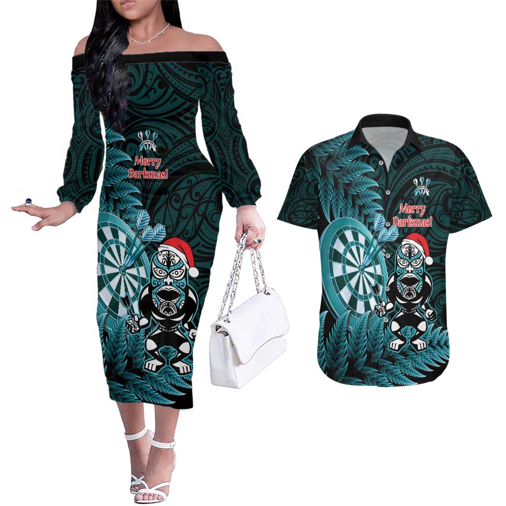 Personalised New Zealand Darts Christmas Couples Matching Off The Shoulder Long Sleeve Dress and Hawaiian Shirt Maori Fern Merry Dartsmas - Aussie Hoodie