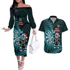 Personalised New Zealand Darts Christmas Couples Matching Off The Shoulder Long Sleeve Dress and Hawaiian Shirt Maori Fern Merry Dartsmas - Aussie Hoodie