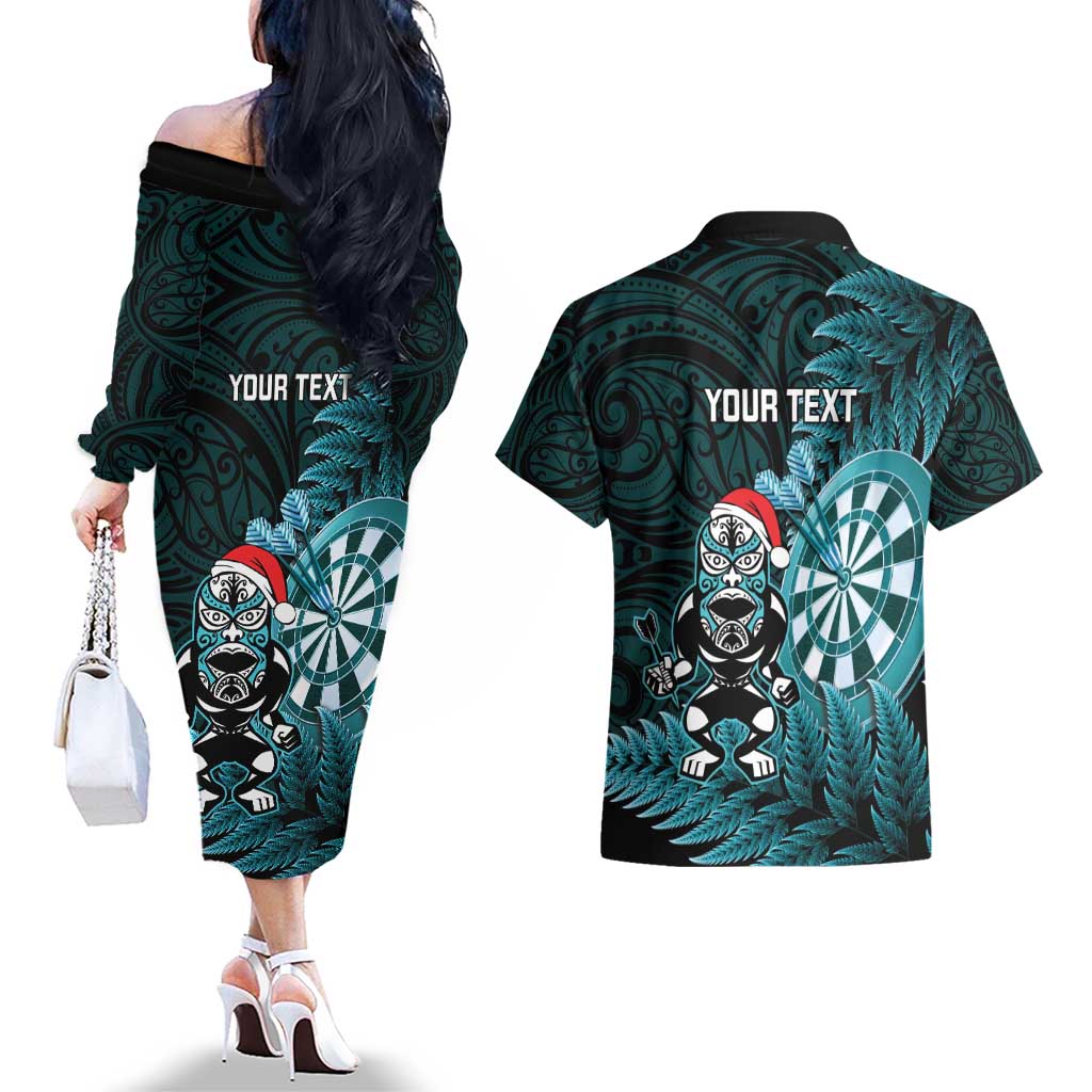 Personalised New Zealand Darts Christmas Couples Matching Off The Shoulder Long Sleeve Dress and Hawaiian Shirt Maori Fern Merry Dartsmas - Aussie Hoodie