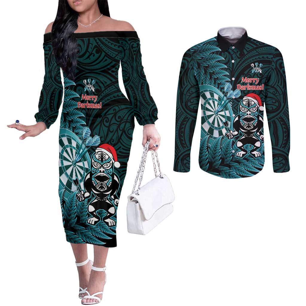 Personalised New Zealand Darts Christmas Couples Matching Off The Shoulder Long Sleeve Dress and Long Sleeve Button Shirt Maori Fern Merry Dartsmas - Aussie Hoodie