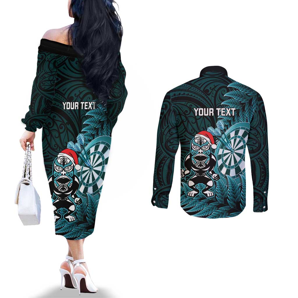 Personalised New Zealand Darts Christmas Couples Matching Off The Shoulder Long Sleeve Dress and Long Sleeve Button Shirt Maori Fern Merry Dartsmas - Aussie Hoodie