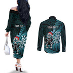 Personalised New Zealand Darts Christmas Couples Matching Off The Shoulder Long Sleeve Dress and Long Sleeve Button Shirt Maori Fern Merry Dartsmas - Aussie Hoodie