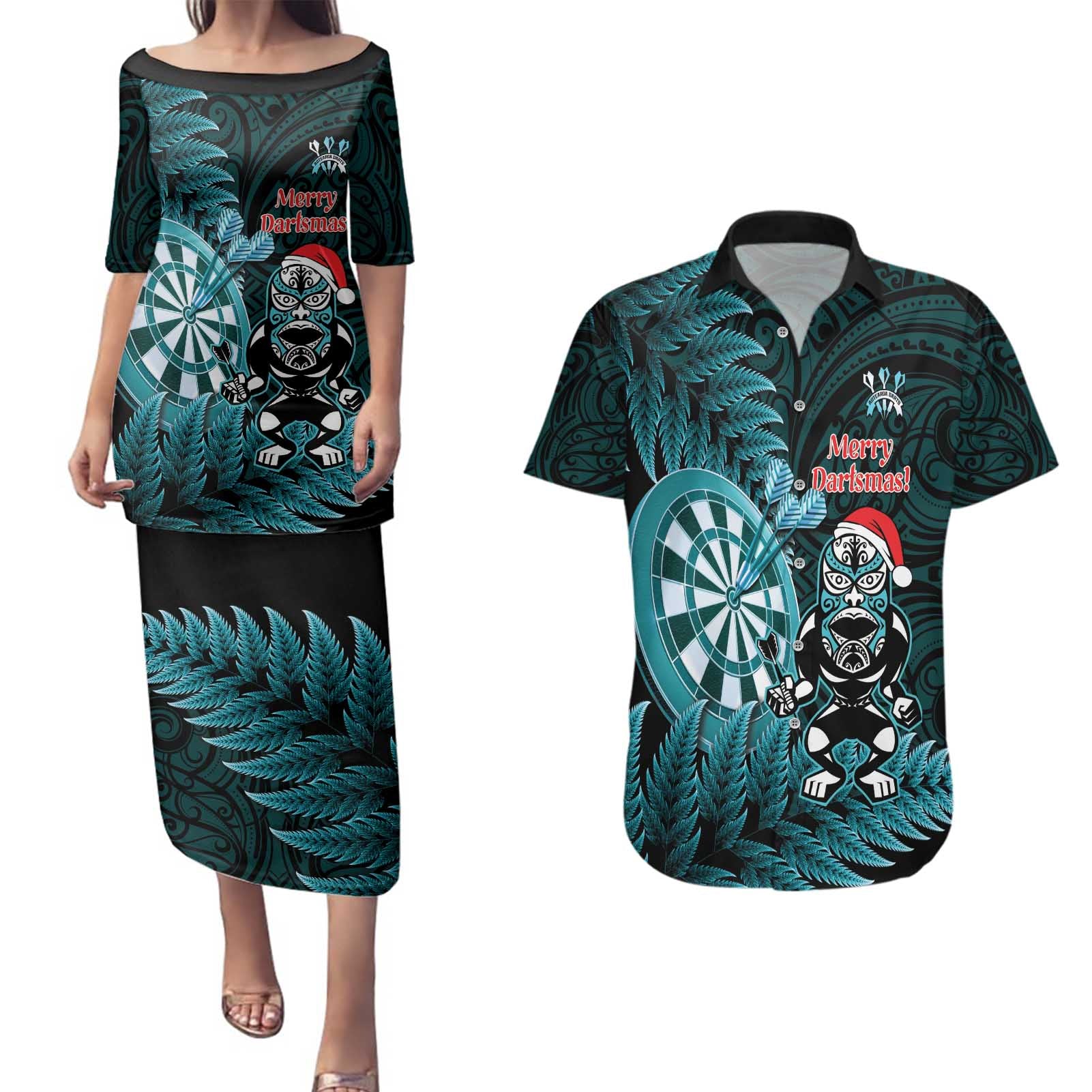 Personalised New Zealand Darts Christmas Couples Matching Puletasi and Hawaiian Shirt Maori Fern Merry Dartsmas - Aussie Hoodie