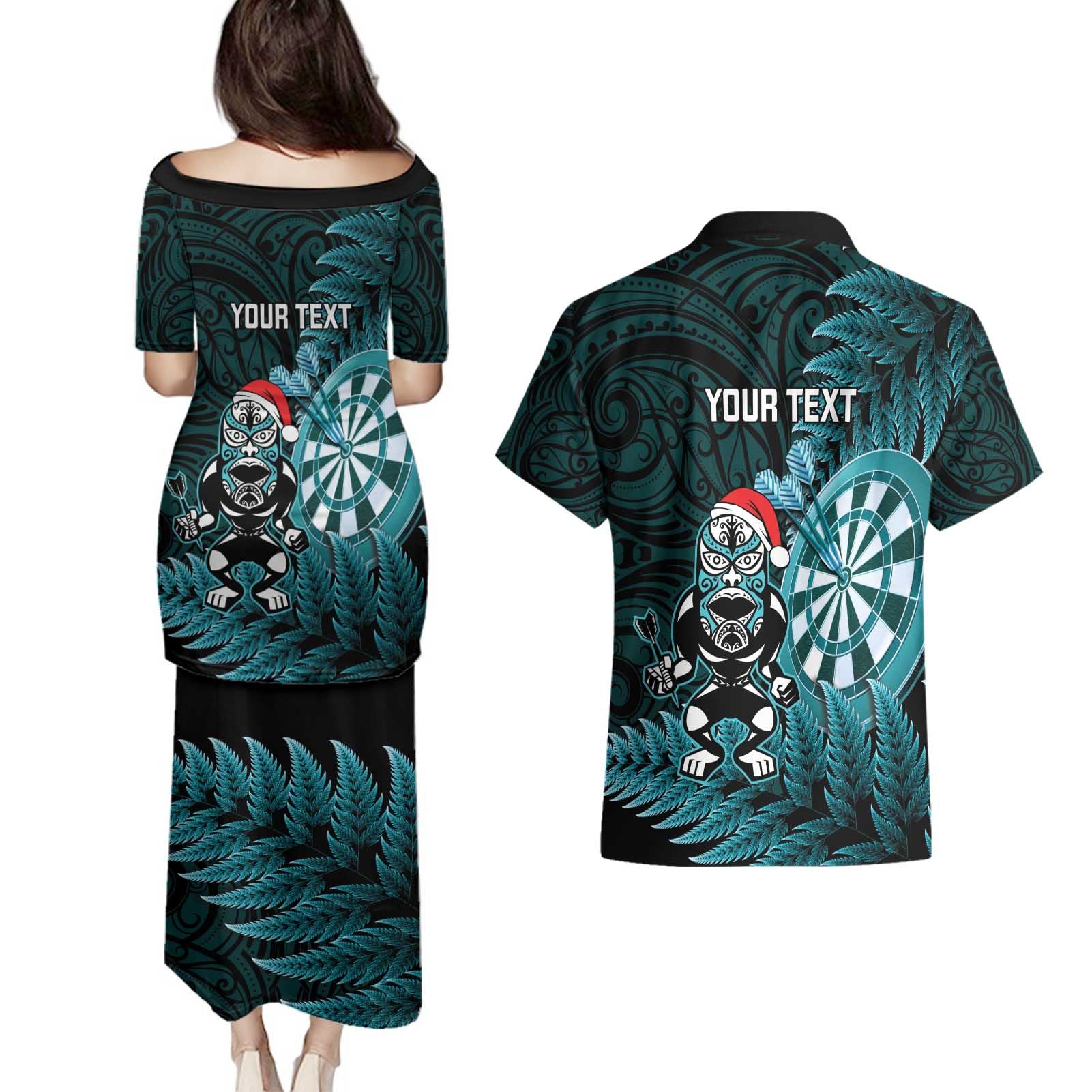 Personalised New Zealand Darts Christmas Couples Matching Puletasi and Hawaiian Shirt Maori Fern Merry Dartsmas - Aussie Hoodie