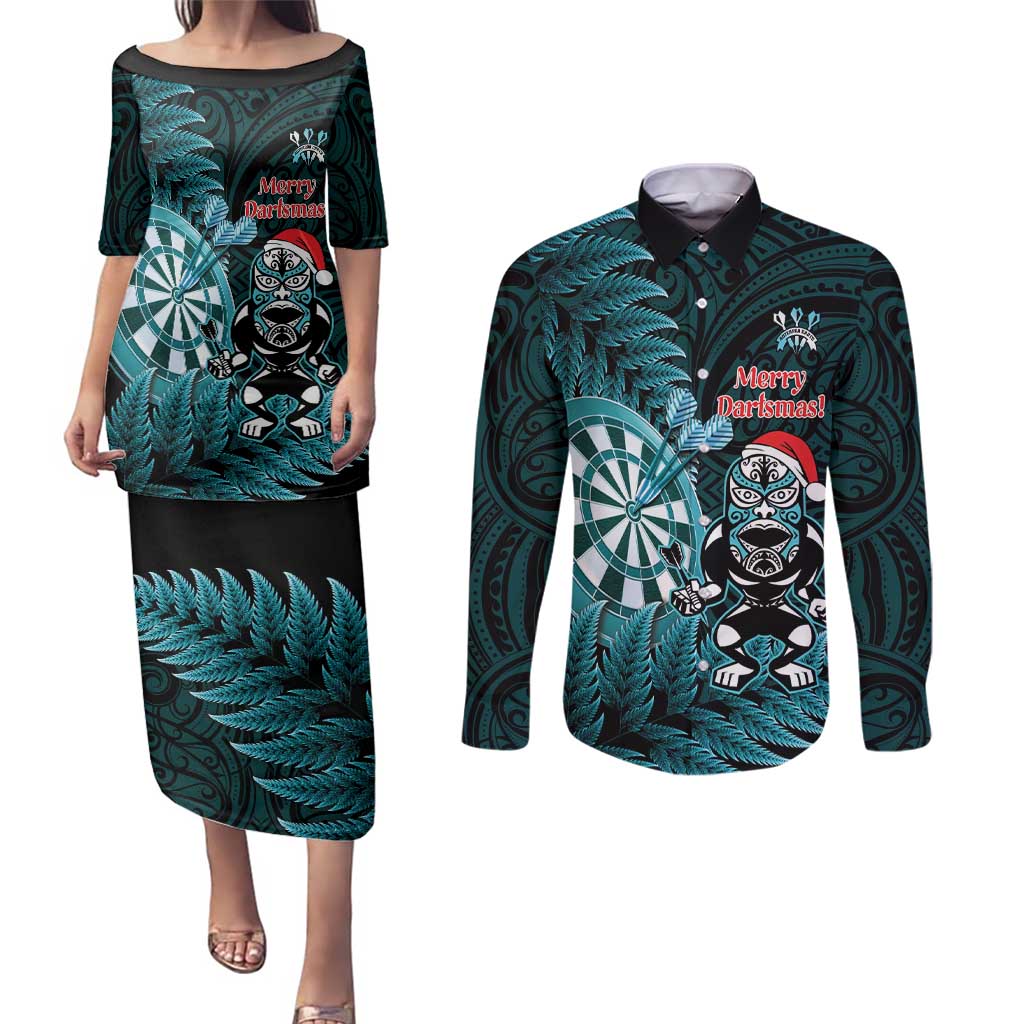 Personalised New Zealand Darts Christmas Couples Matching Puletasi and Long Sleeve Button Shirt Maori Fern Merry Dartsmas - Aussie Hoodie