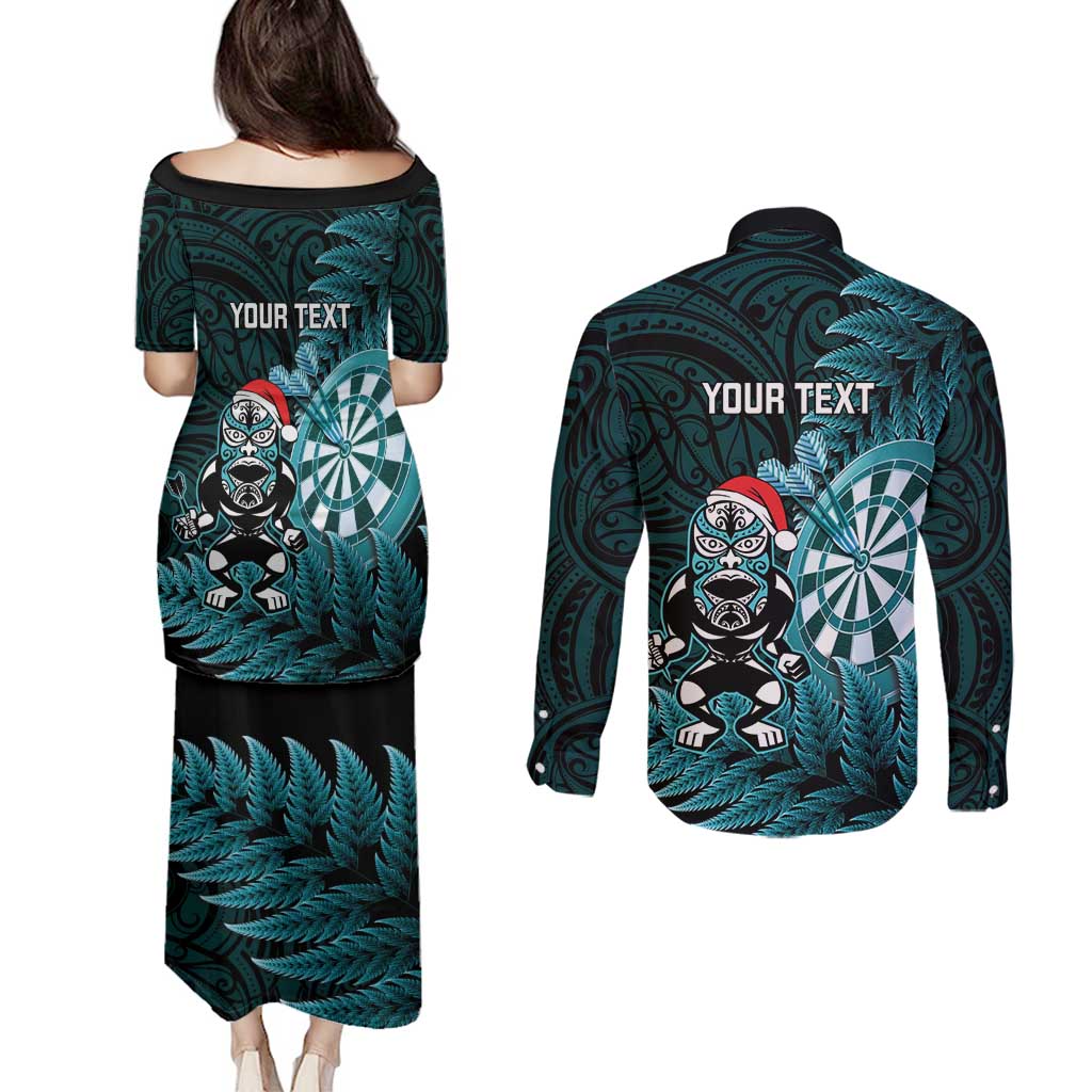Personalised New Zealand Darts Christmas Couples Matching Puletasi and Long Sleeve Button Shirt Maori Fern Merry Dartsmas - Aussie Hoodie