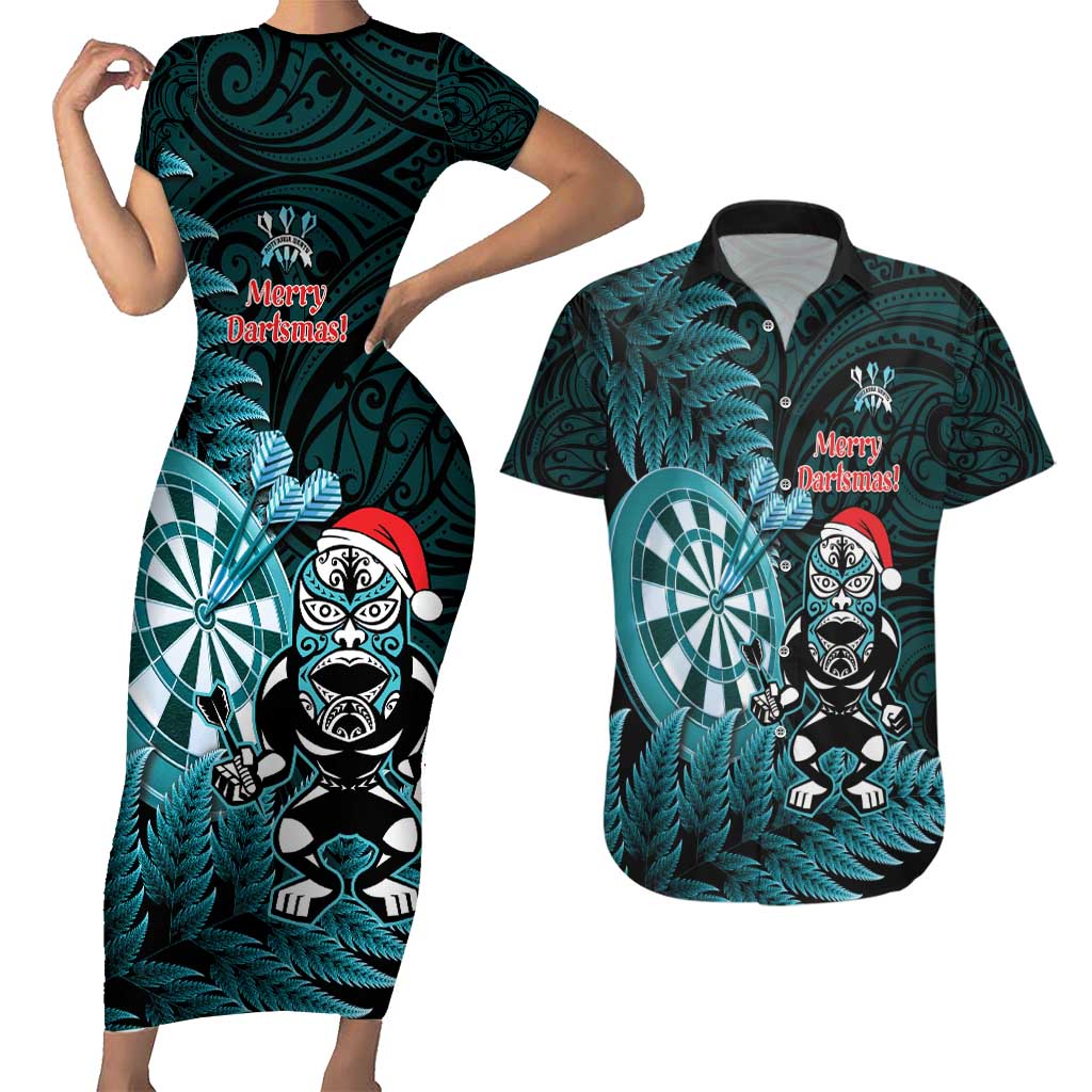 Personalised New Zealand Darts Christmas Couples Matching Short Sleeve Bodycon Dress and Hawaiian Shirt Maori Fern Merry Dartsmas - Aussie Hoodie