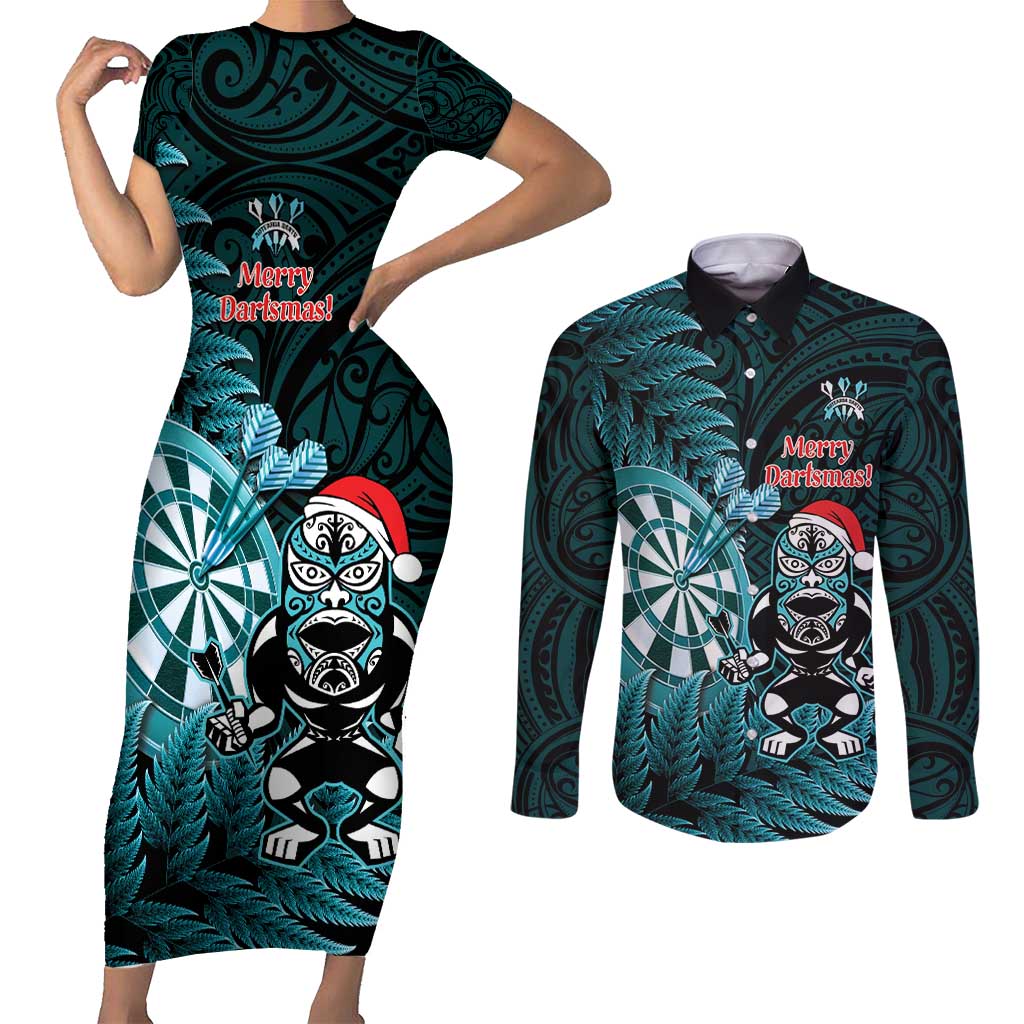 Personalised New Zealand Darts Christmas Couples Matching Short Sleeve Bodycon Dress and Long Sleeve Button Shirt Maori Fern Merry Dartsmas - Aussie Hoodie