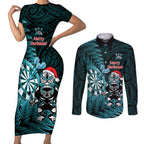 Personalised New Zealand Darts Christmas Couples Matching Short Sleeve Bodycon Dress and Long Sleeve Button Shirt Maori Fern Merry Dartsmas - Aussie Hoodie