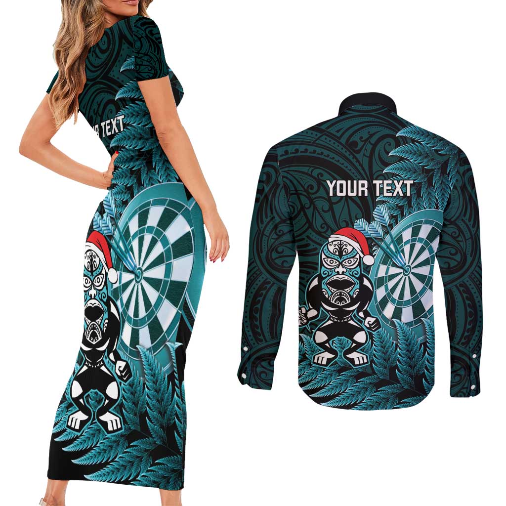 Personalised New Zealand Darts Christmas Couples Matching Short Sleeve Bodycon Dress and Long Sleeve Button Shirt Maori Fern Merry Dartsmas - Aussie Hoodie
