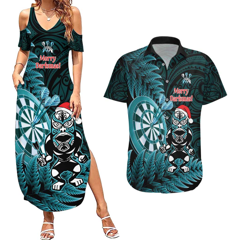 Personalised New Zealand Darts Christmas Couples Matching Summer Maxi Dress and Hawaiian Shirt Maori Fern Merry Dartsmas - Aussie Hoodie
