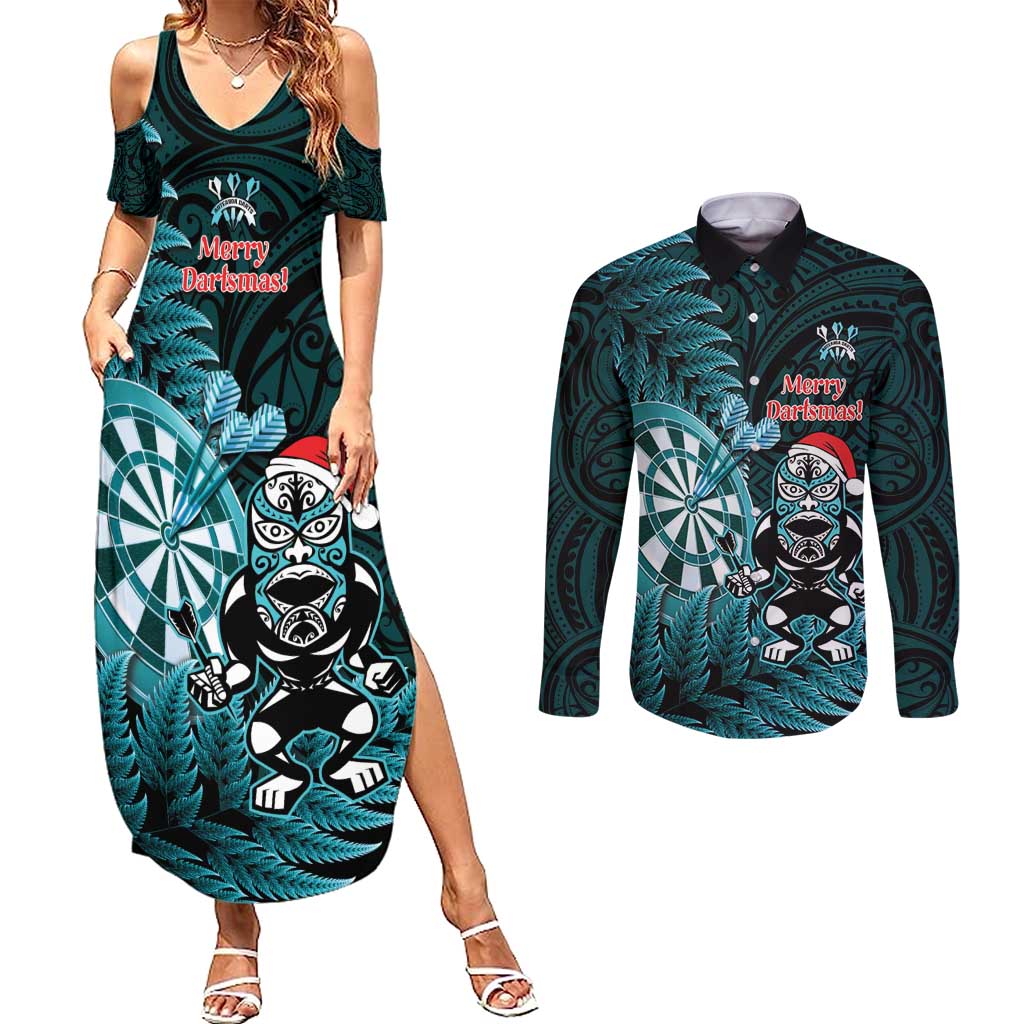 Personalised New Zealand Darts Christmas Couples Matching Summer Maxi Dress and Long Sleeve Button Shirt Maori Fern Merry Dartsmas - Aussie Hoodie