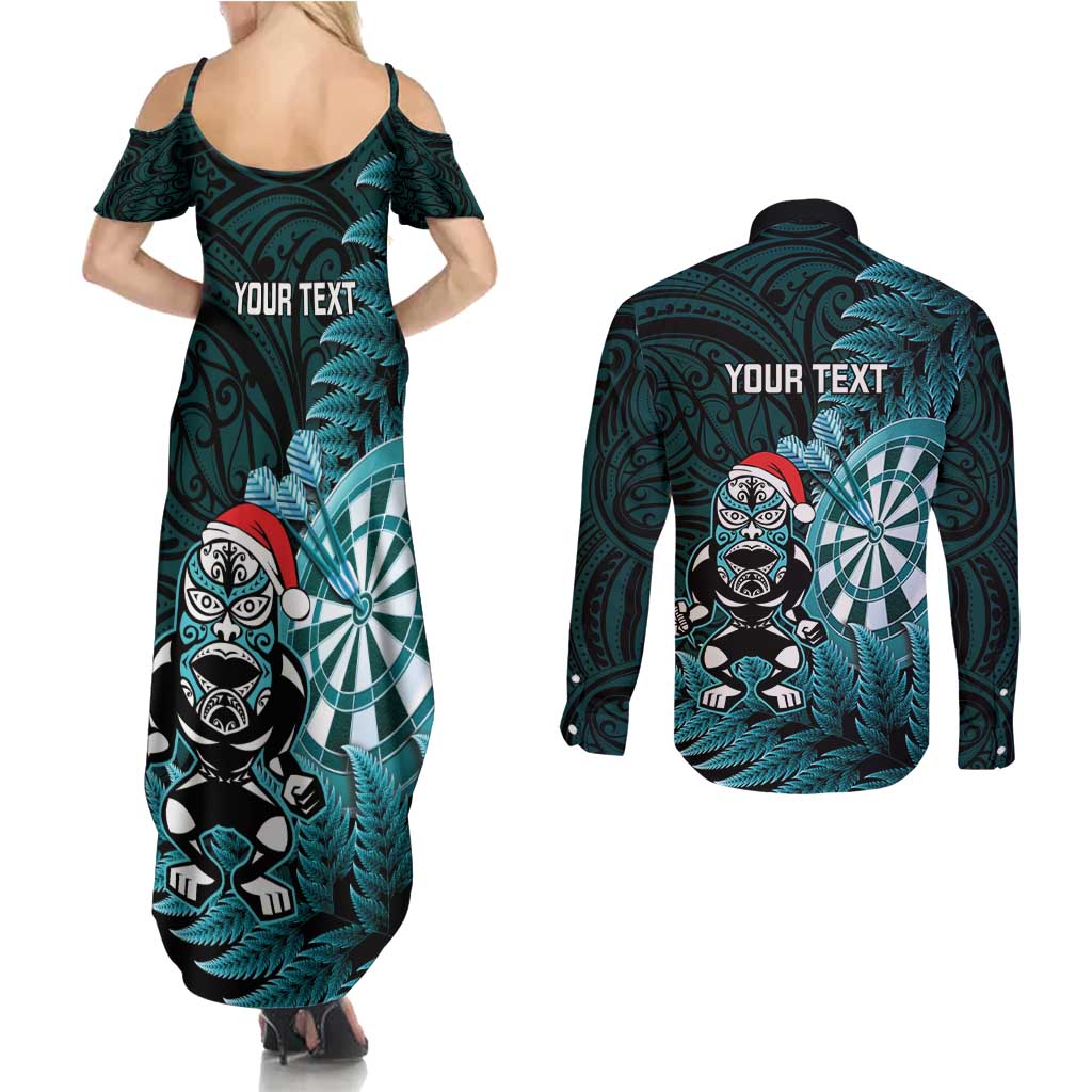 Personalised New Zealand Darts Christmas Couples Matching Summer Maxi Dress and Long Sleeve Button Shirt Maori Fern Merry Dartsmas - Aussie Hoodie