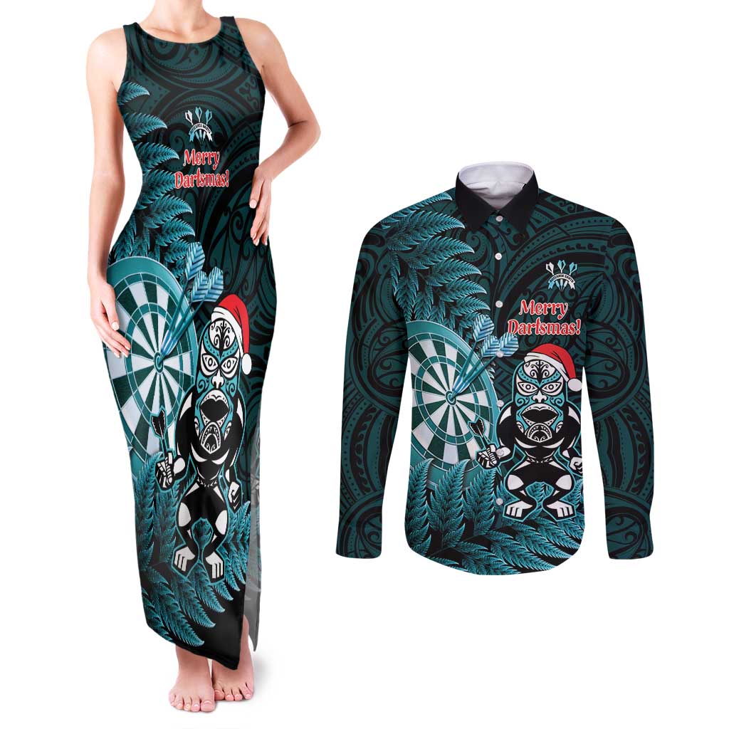 Personalised New Zealand Darts Christmas Couples Matching Tank Maxi Dress and Long Sleeve Button Shirt Maori Fern Merry Dartsmas - Aussie Hoodie