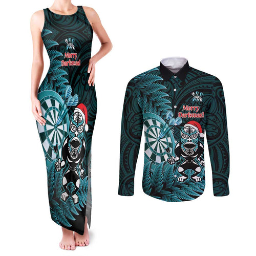 Personalised New Zealand Darts Christmas Couples Matching Tank Maxi Dress and Long Sleeve Button Shirt Maori Fern Merry Dartsmas - Aussie Hoodie