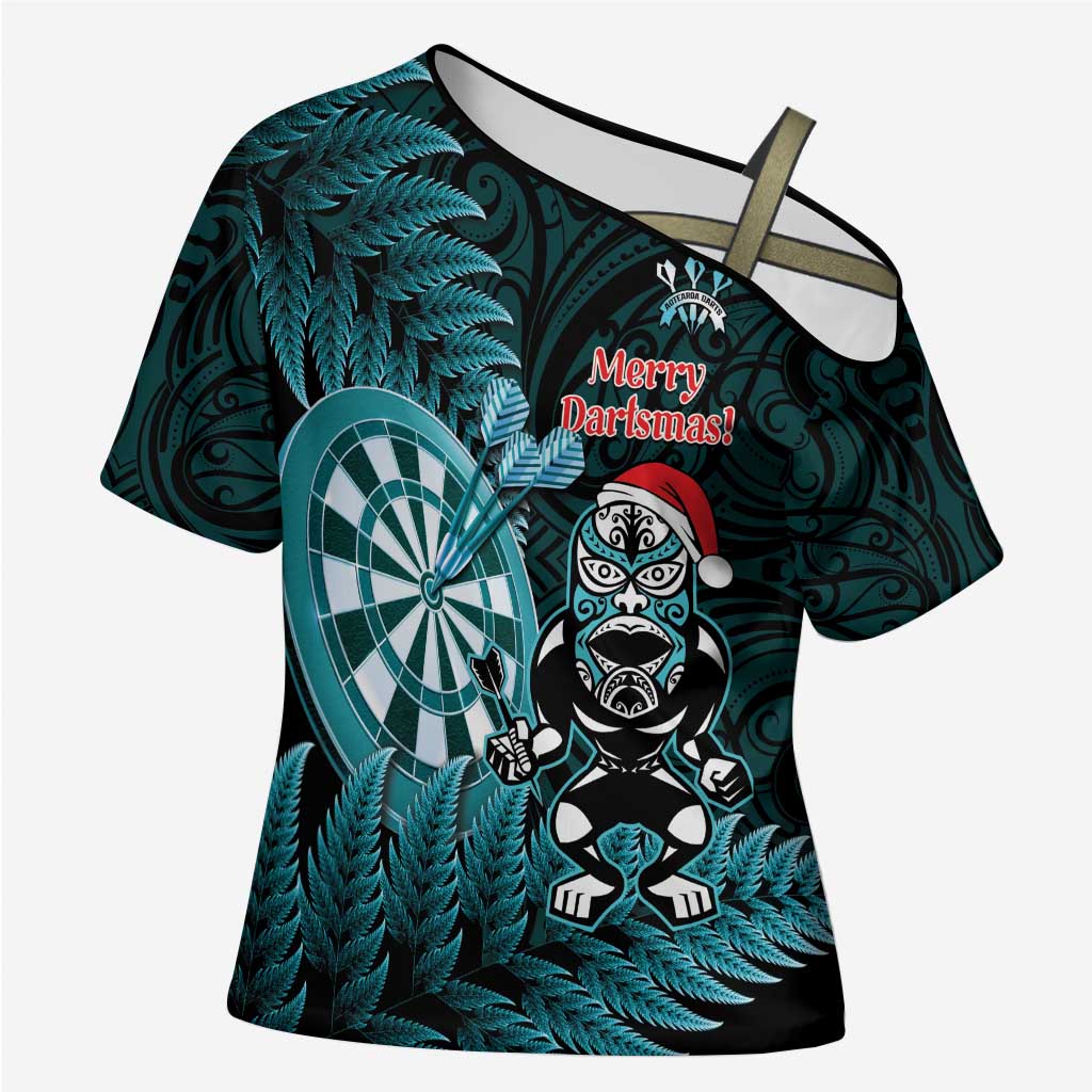 Personalised New Zealand Darts Christmas Cross Shoulder Shirt Maori Fern Merry Dartsmas - Aussie Hoodie