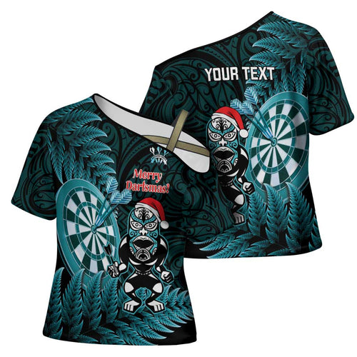 Personalised New Zealand Darts Christmas Cross Shoulder Shirt Maori Fern Merry Dartsmas - Aussie Hoodie