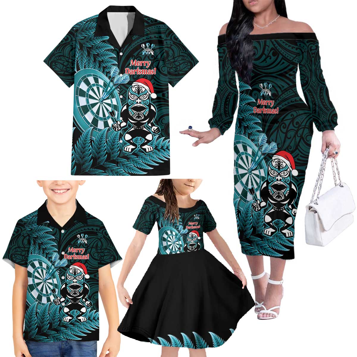 Personalised New Zealand Darts Christmas Family Matching Off The Shoulder Long Sleeve Dress and Hawaiian Shirt Maori Fern Merry Dartsmas - Aussie Hoodie
