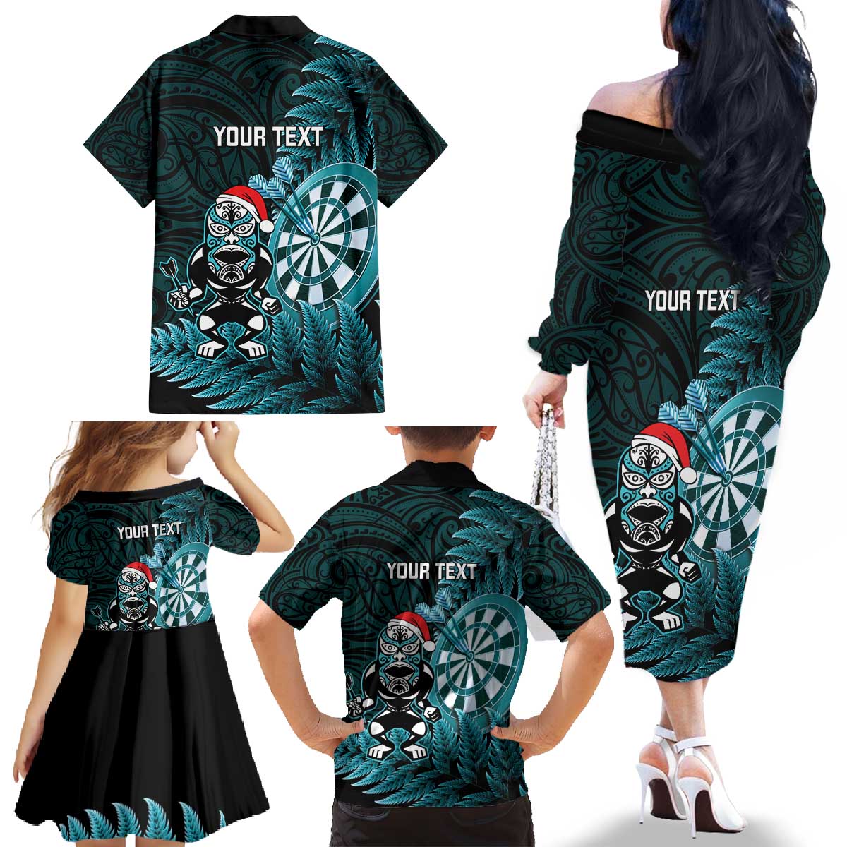 Personalised New Zealand Darts Christmas Family Matching Off The Shoulder Long Sleeve Dress and Hawaiian Shirt Maori Fern Merry Dartsmas - Aussie Hoodie