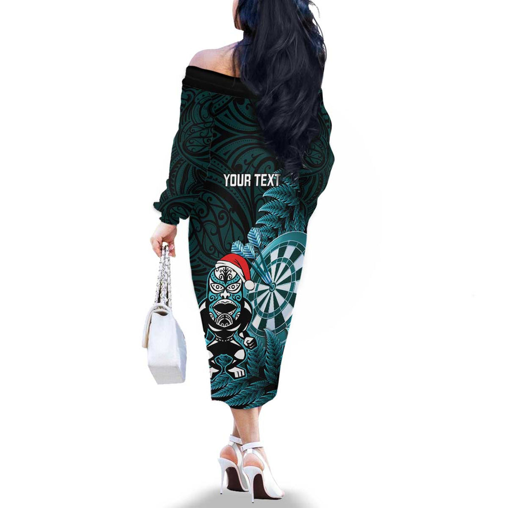 Personalised New Zealand Darts Christmas Family Matching Off The Shoulder Long Sleeve Dress and Hawaiian Shirt Maori Fern Merry Dartsmas - Aussie Hoodie