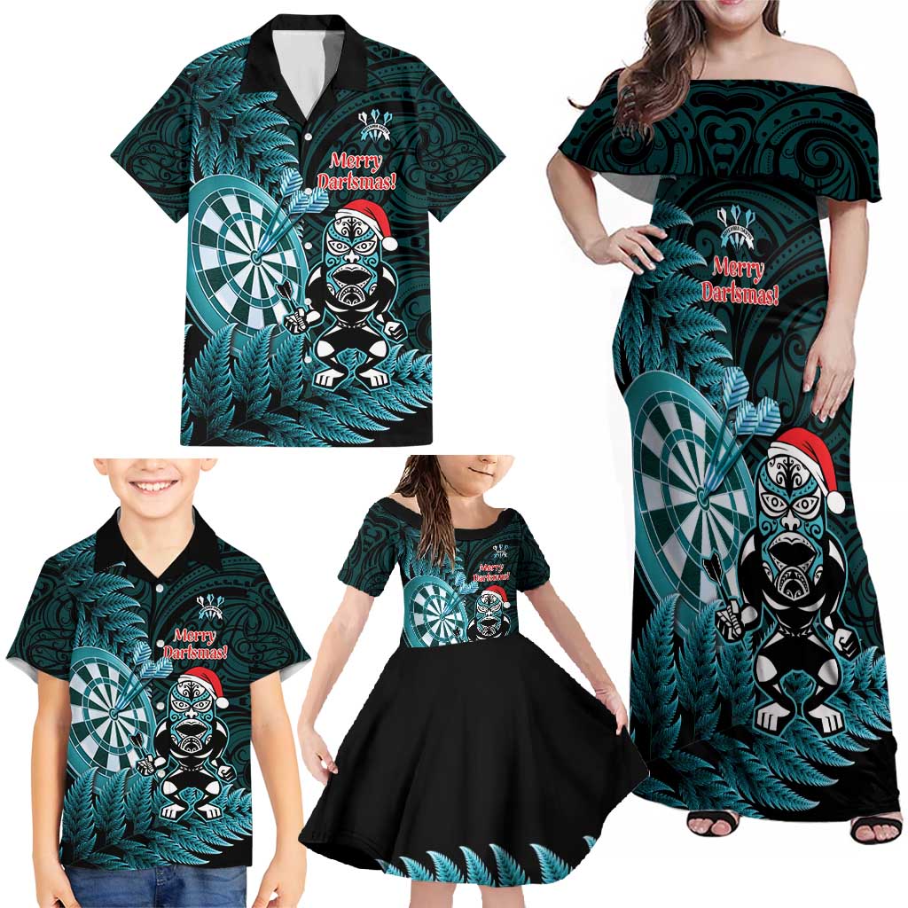 Personalised New Zealand Darts Christmas Family Matching Off Shoulder Maxi Dress and Hawaiian Shirt Maori Fern Merry Dartsmas - Aussie Hoodie