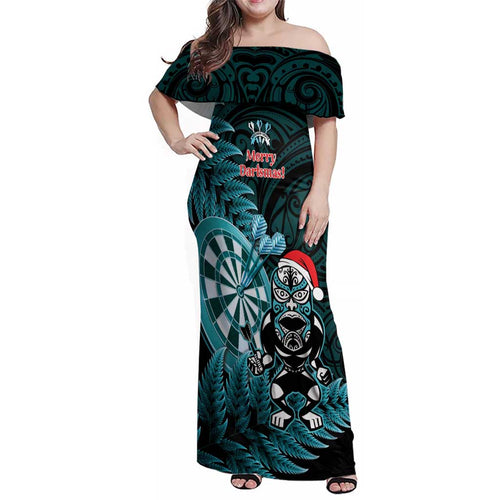 Personalised New Zealand Darts Christmas Family Matching Off Shoulder Maxi Dress and Hawaiian Shirt Maori Fern Merry Dartsmas - Aussie Hoodie