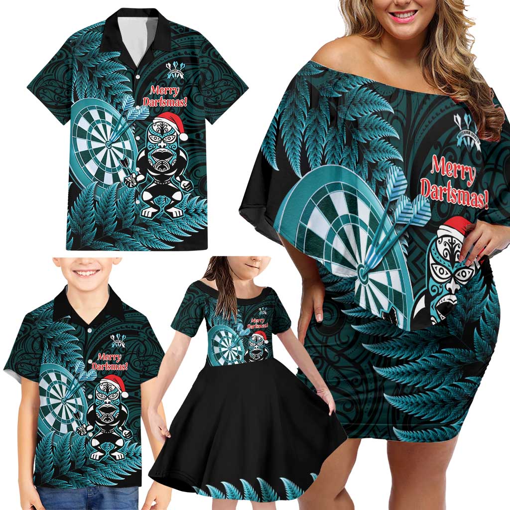 Personalised New Zealand Darts Christmas Family Matching Off Shoulder Short Dress and Hawaiian Shirt Maori Fern Merry Dartsmas - Aussie Hoodie