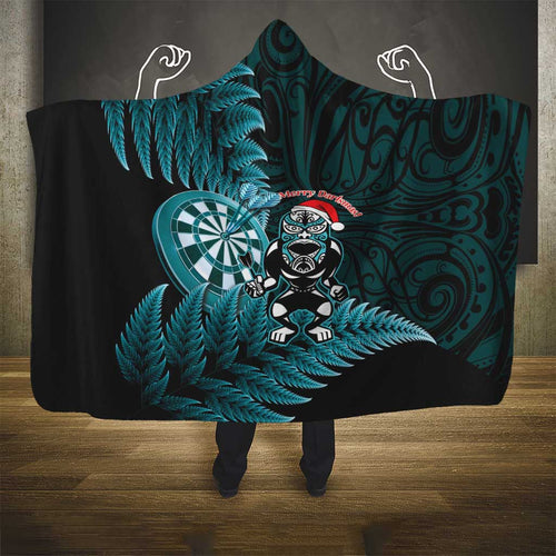 New Zealand Darts Christmas Hooded Blanket Maori Fern Merry Dartsmas - Aussie Hoodie