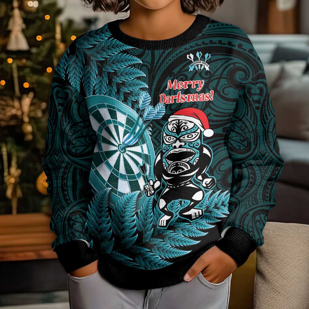Personalised New Zealand Darts Christmas Kid Ugly Christmas Sweater Maori Fern Merry Dartsmas - Aussie Hoodie