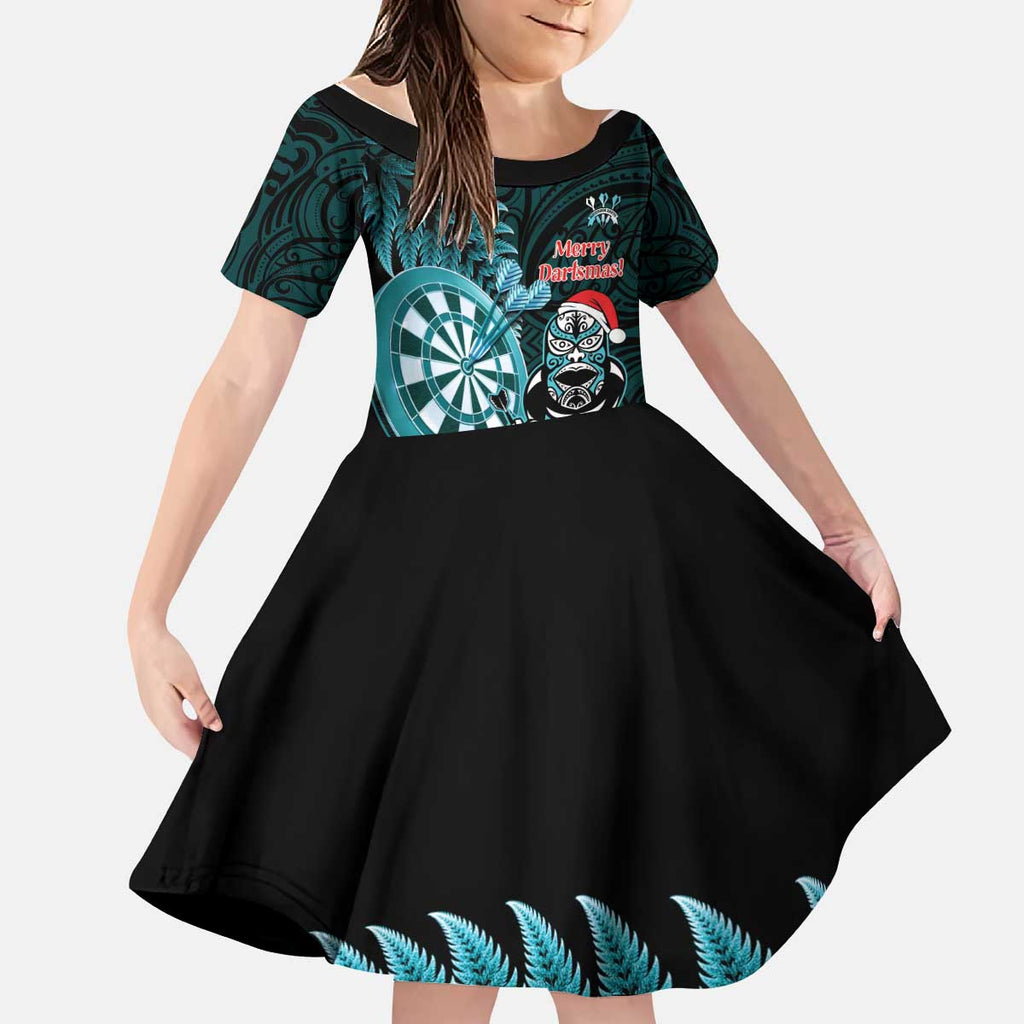 Personalised New Zealand Darts Christmas Kid Short Sleeve Dress Maori Fern Merry Dartsmas - Aussie Hoodie