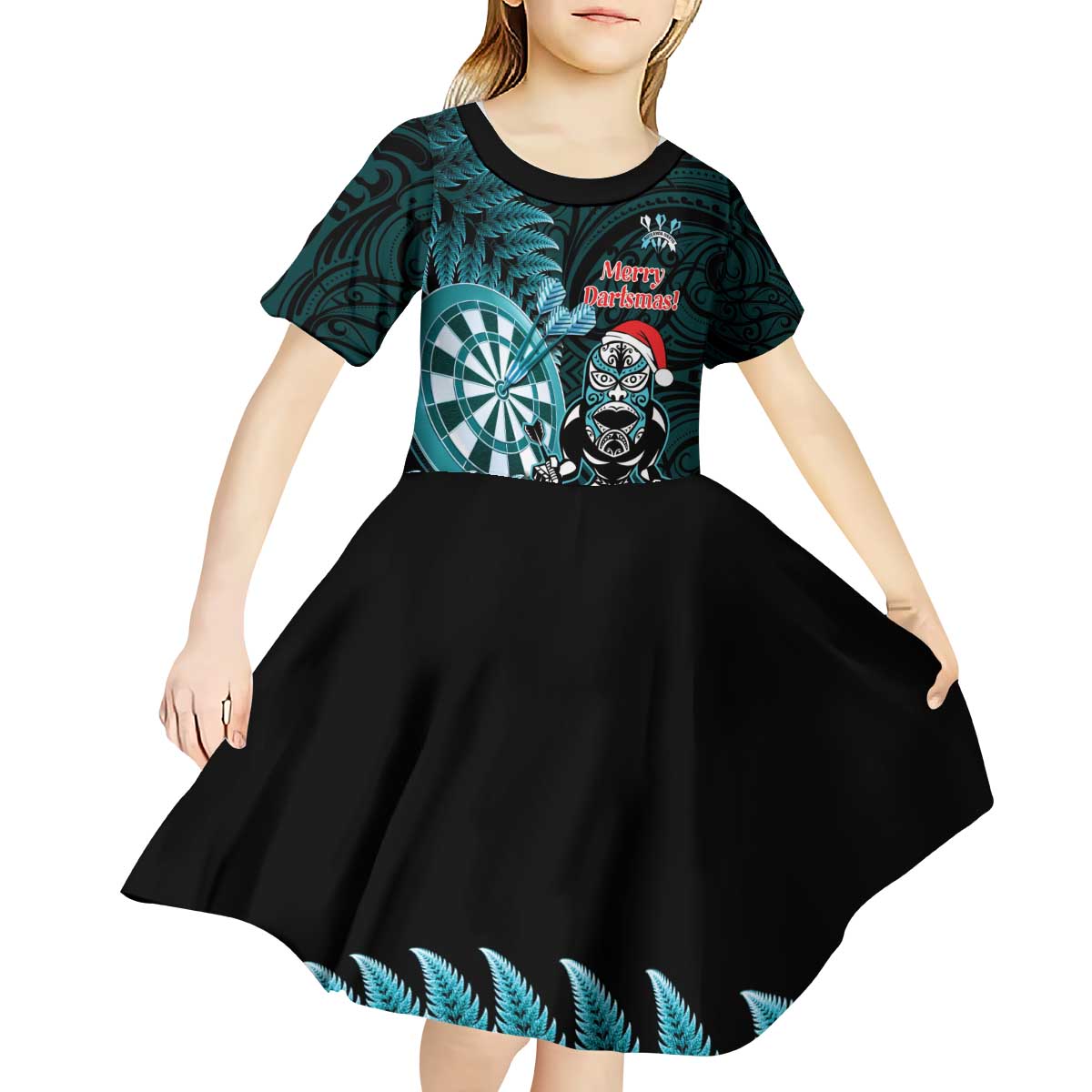 Personalised New Zealand Darts Christmas Kid Short Sleeve Dress Maori Fern Merry Dartsmas - Aussie Hoodie