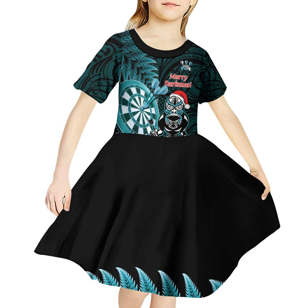 Personalised New Zealand Darts Christmas Kid Short Sleeve Dress Maori Fern Merry Dartsmas - Aussie Hoodie