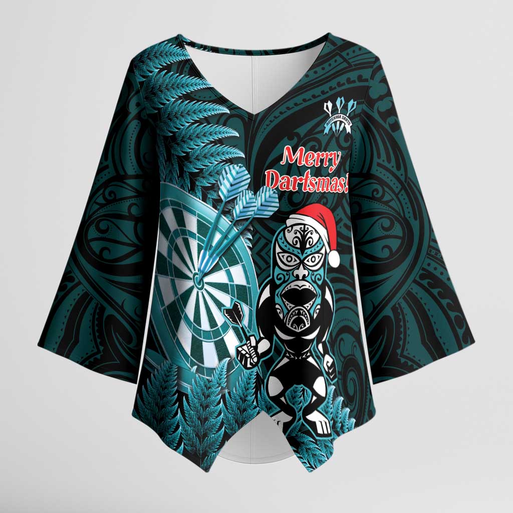 Personalised New Zealand Darts Christmas Kimono Sleeve Blouse Maori Fern Merry Dartsmas - Aussie Hoodie