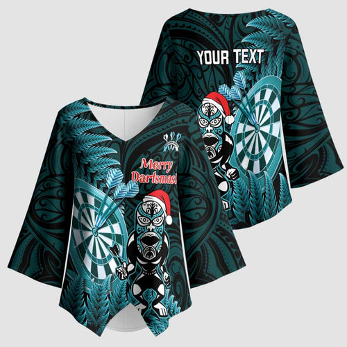Personalised New Zealand Darts Christmas Kimono Sleeve Blouse Maori Fern Merry Dartsmas - Aussie Hoodie